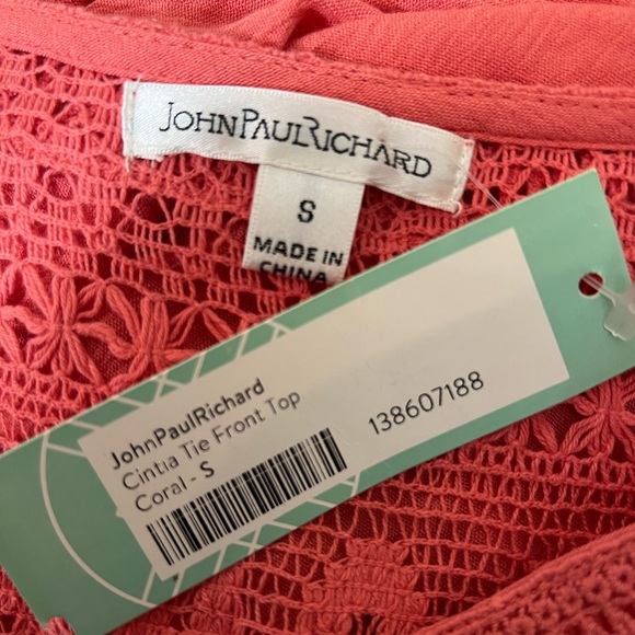 💥2/$15 NWT JohnPaulRichard stitch fix coral tie front lace insert top small - Picture 9 of 13